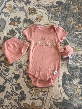 Gerber Rosewood Pink Baby One-Piece Bodysuit with Hat & Mittens